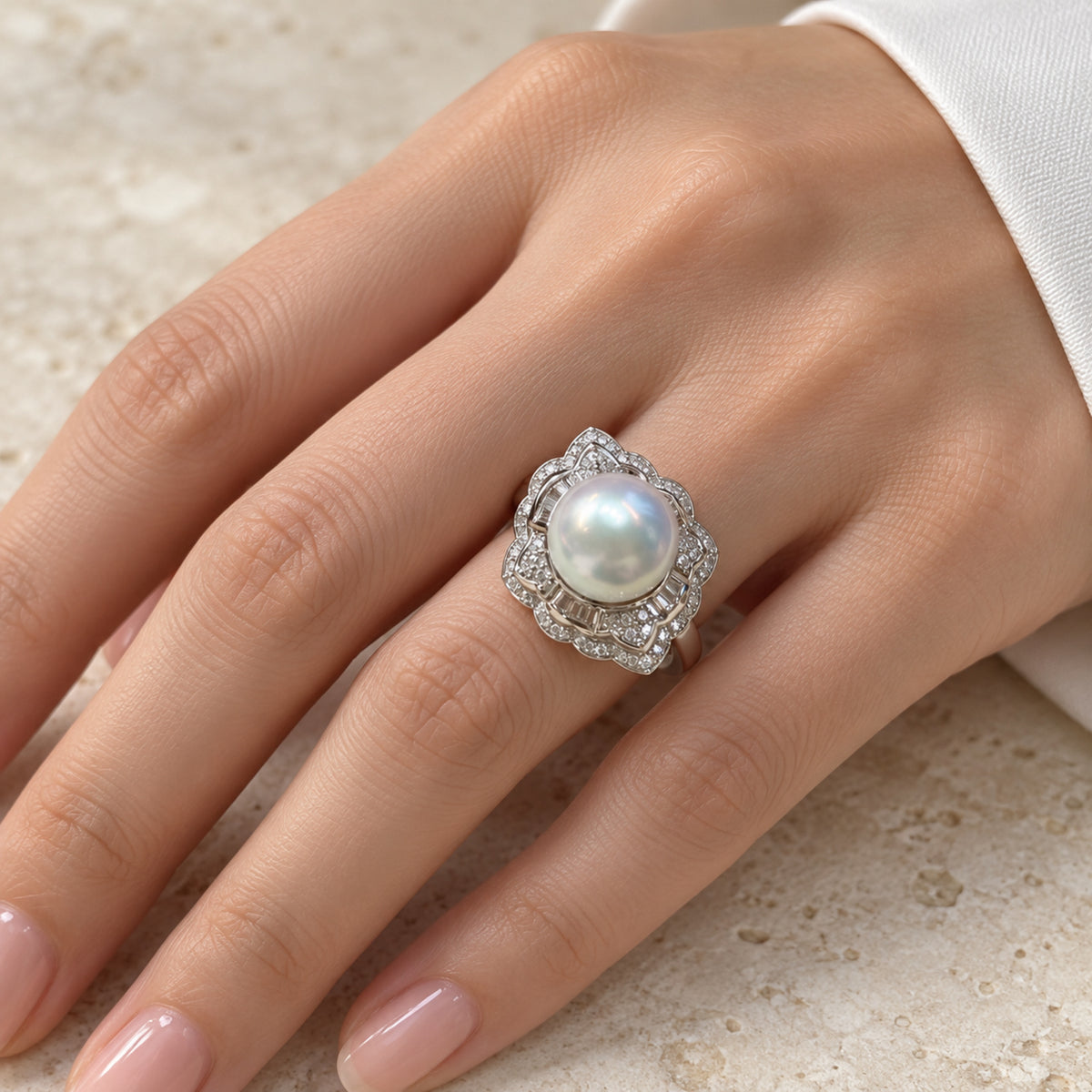 11–12mm White Freshwater Pearl Geometric Halo Ring in S925 Sterling Silver
