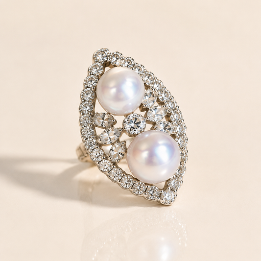 Vintage Lace Double Freshwater Pearl Ring in 925 Sterling Silver – Adjustable Open Band